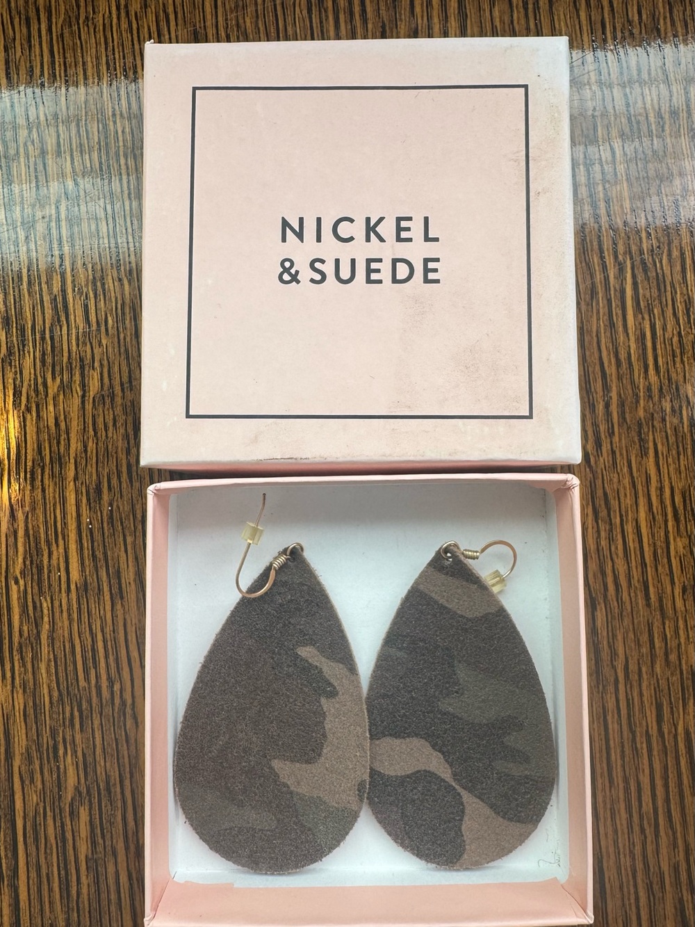 Nickel & Suede Brown Camouflage Teardrop Suede Earrings